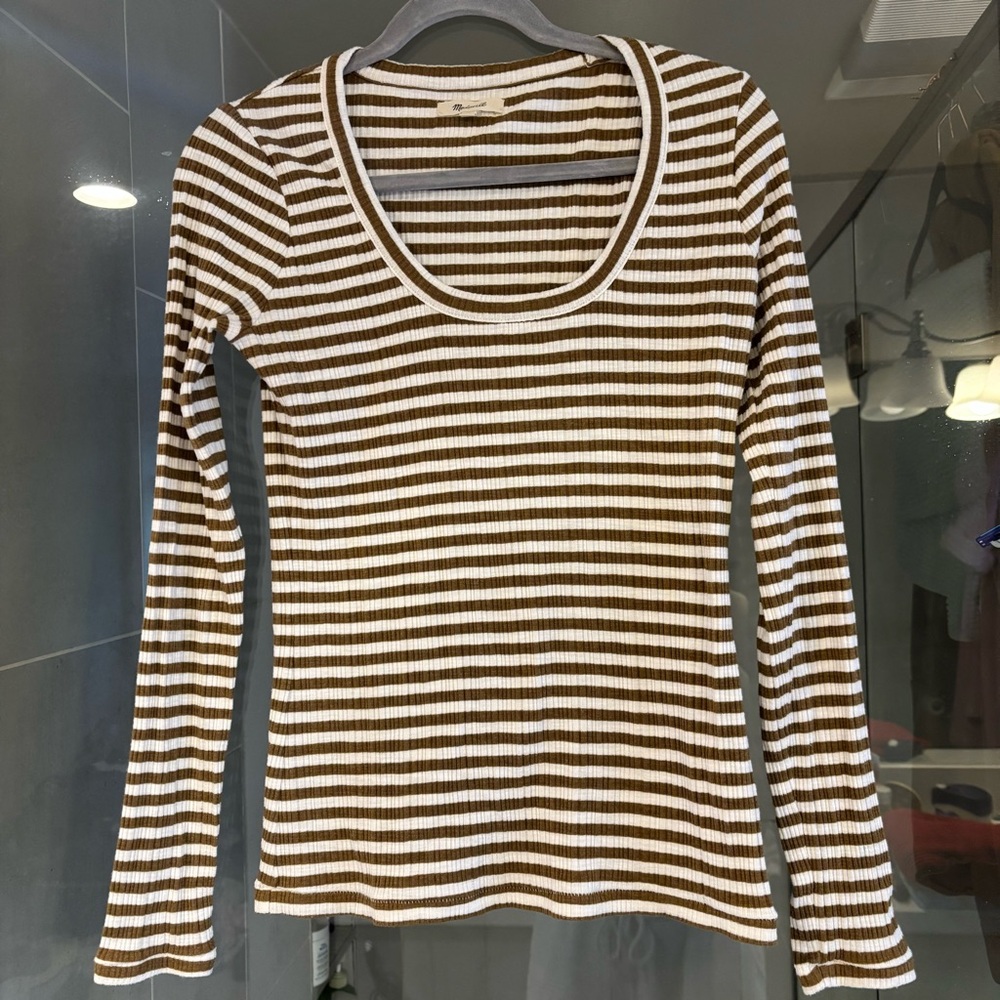 Madewell Brown and White Striped Long Sleeve Top